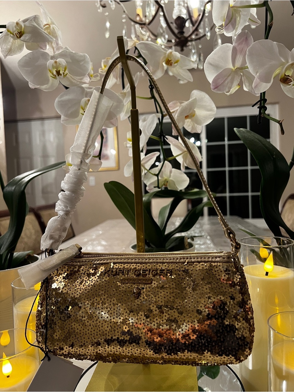 Kurt Geiger London Small Highgate Gold Sequin Baguette Shoulder Wristlet Bag NWT - Picture 3 of 10